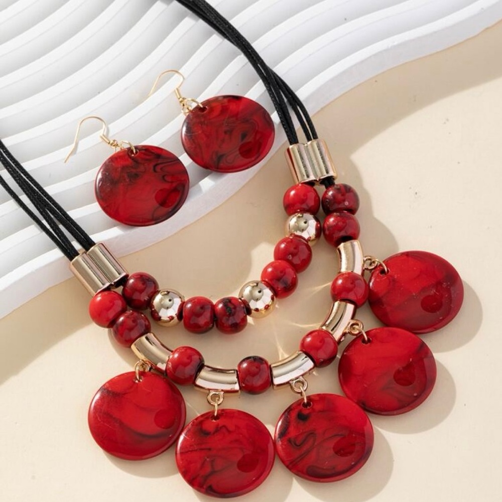 Elegant Red Beaded Necklace and Earring Set